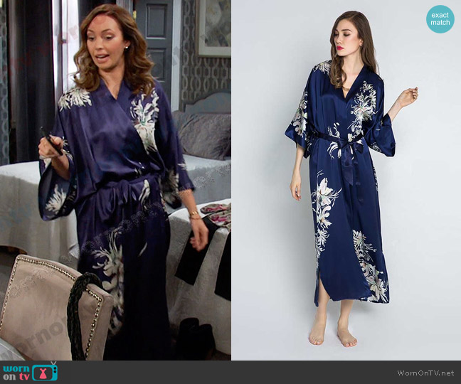 Kim + Ono Silk Yuri Long Kimono Robe in midnight worn by Gwen Rizczech (Emily O'Brien) on Days of our Lives