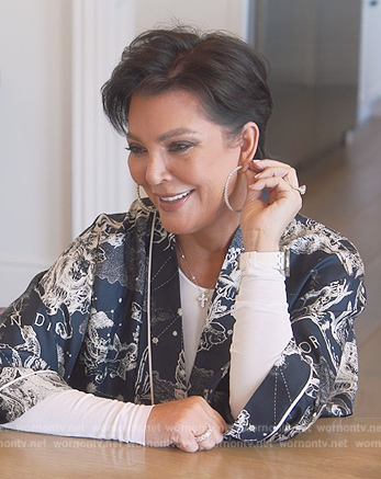 Kris’s navy printed top and pants on The Kardashians