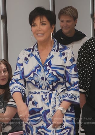 Kris’s blue printed dress on The Kardashians