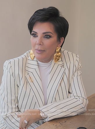 Kris’s white stripe blazer and pants on The Kardashians
