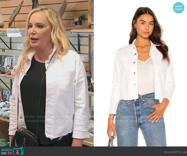 L'Agence Janelle Slim Cropped Jean Jacket with Raw Hem worn by Shannon Beador on The Real Housewives of Orange County