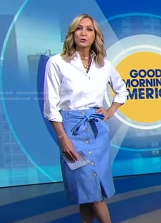 Lara’s blue button front skirt on Good Morning America
