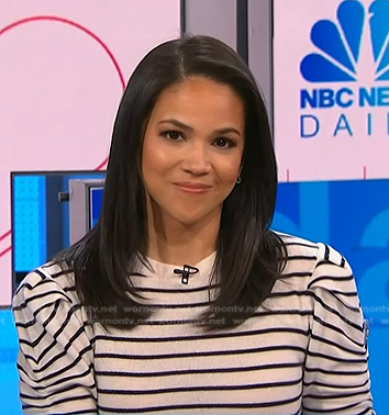 Laura Jarrett’s white striped ruched sleeve top on NBC News Daily