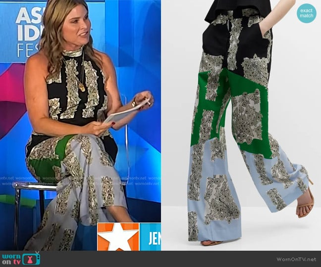 Lela Rose Colorblock Floral Wide-Leg Seamed Pants worn by Jenna Bush Hager on Today