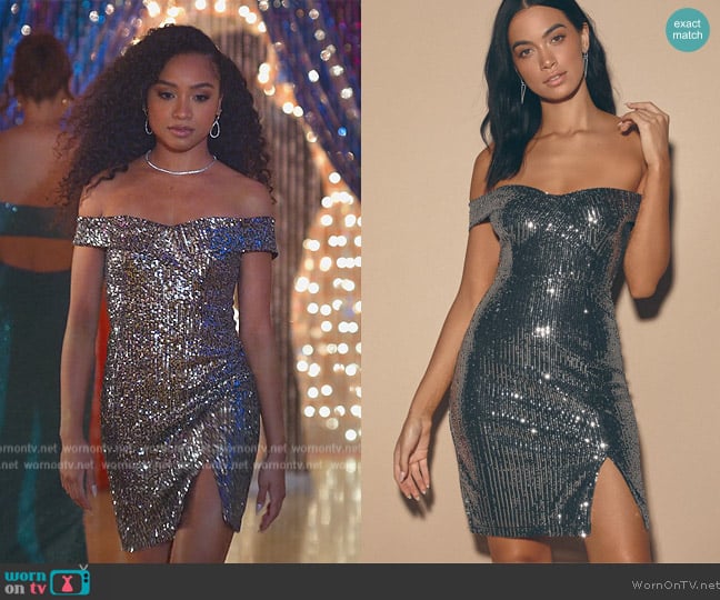 Lulus Once in a Lifetime Silver Sequin Off-the-Shoulder Mini Dress worn by (Genneya Walton) on Never Have I Ever