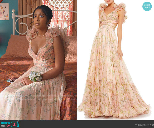 Mac Duggal Floral Chiffon Cutout Ballgown worn by Devi Vishwakumar (Maitreyi Ramakrishnan) on Never Have I Ever