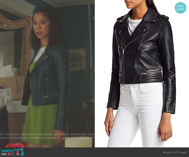 Maje Leather Moto Jacket worn by George Fan (Leah Lewis) on Nancy Drew