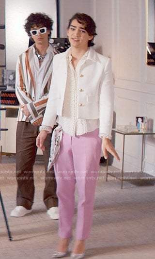 Marco’s white pearl trim blouse and jacket on Glamorous
