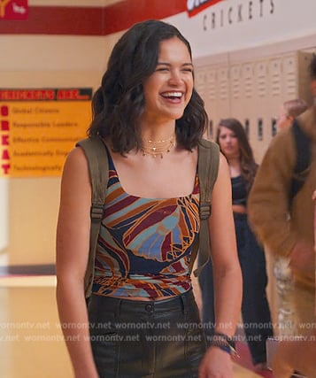 Margot’s printed mesh tank on Never Have I Ever