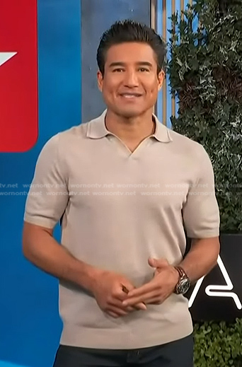 Mario’s beige polo shirt on Access Hollywood
