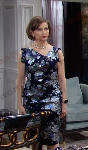 Megan’s blue floral cowl neck dress on Days of our Lives