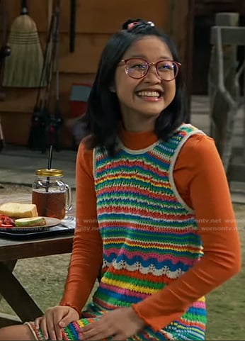 Megan’s multicolor crochet knit dress on Bunkd