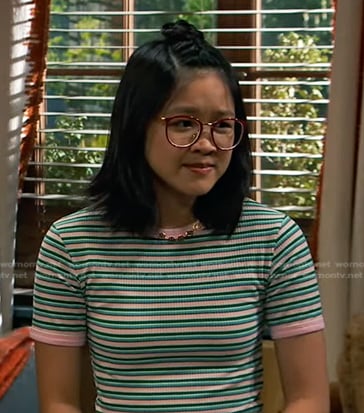 Megan’s pink and green striped tee on Bunkd