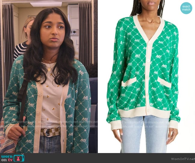 Melody Ehsani Monogram Knit Cardigan worn by Devi Vishwakumar (Maitreyi Ramakrishnan) on Never Have I Ever
