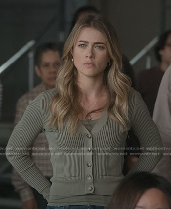 Michaela’s green ribbed cardigan on Manifest