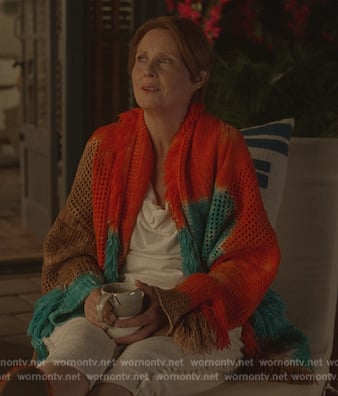 Miranda’s tie dye fringe cardigan on And Just Like That
