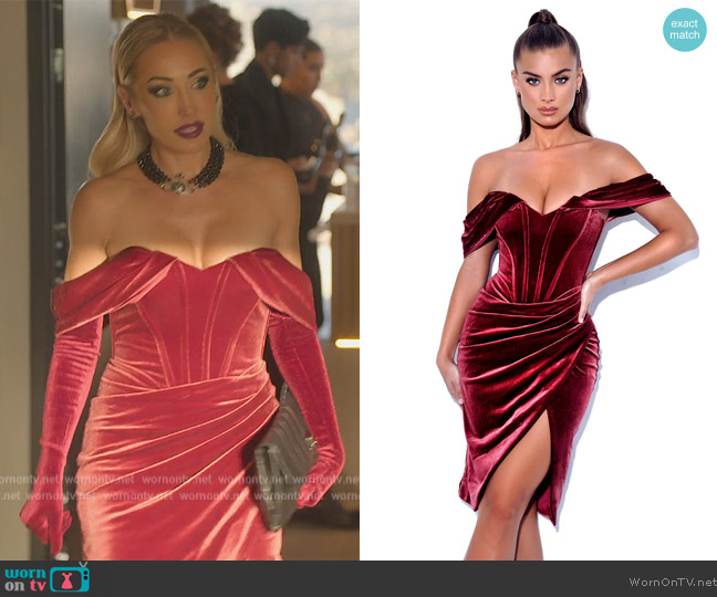 Miss Circle Omaria Burgundy Velvet Off Shoulder Corset Dress worn by Maya Vander on Selling Sunset