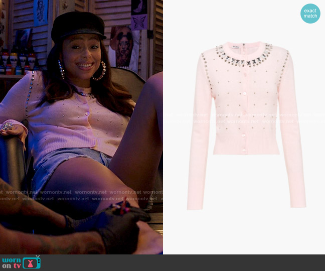 Miu Miu Wool and Cashmere Cardigan with Appliques worn by Whitney Green (Amber Stevens West) on Run the World