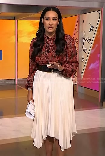 Morgan’s pink floral blouse and white pleated skirt on NBC News Daily
