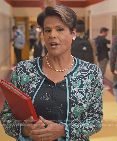 Ms Warner’s green and blue floral cardigan on Never Have I Ever