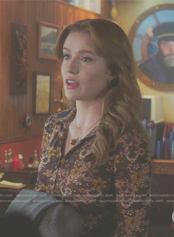 Nancy’s brown floral print shirt on Nancy Drew