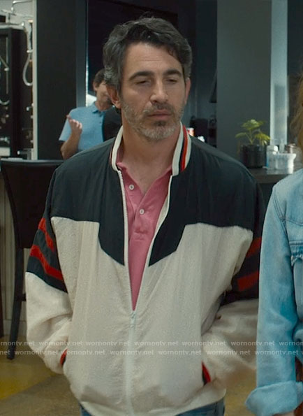 Nathan’s white and navy jacket on Based on a True Story