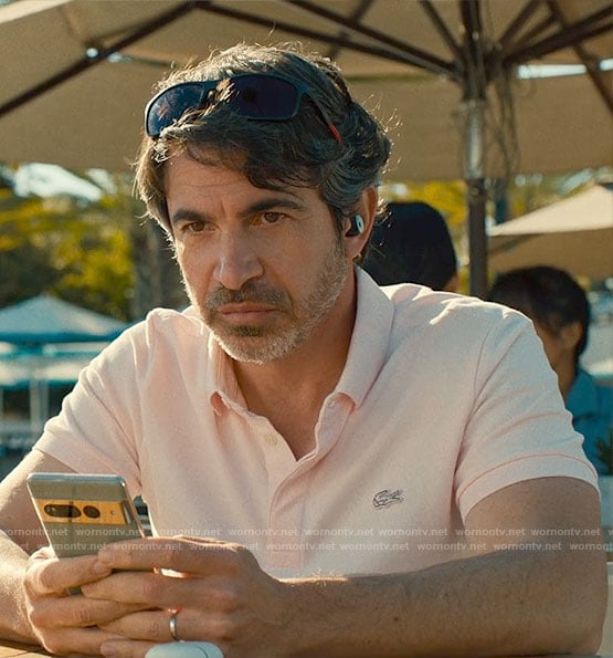 Nathan’s light pink polo shirt on Based on a True Story