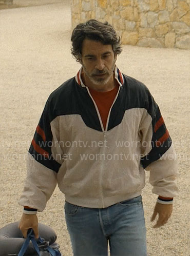 Nathan’s white and navy jacket on Based on a True Story