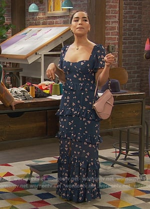 Nikki’s navy floral print ruffle dress on Ravens Home