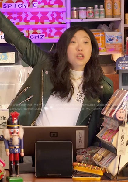 Nora’s dark green leather moto jacket on Awkwafina is Nora From Queens