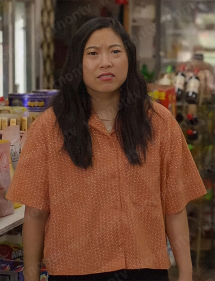 Nora’s orange printed shirt on Awkwafina is Nora From Queens