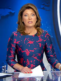 Norah’s pink and blue printed dress on CBS Evening News