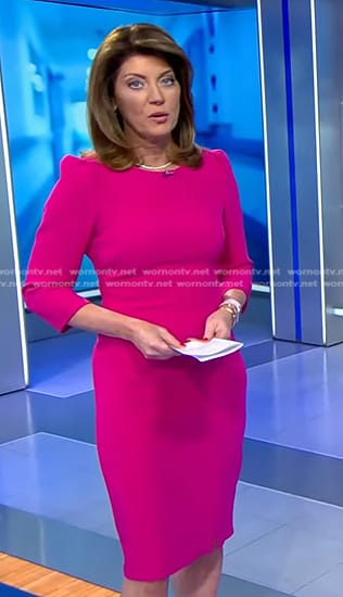 Norah’s pink three quarter sleeve sheath dress on CBS Evening News