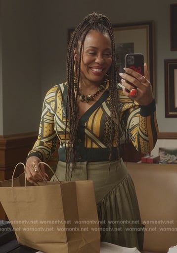 Nya’s green and yellow printed cardigan on And Just Like That