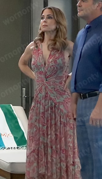 Olivia’s aqua and pink paisley print dress on General Hospital