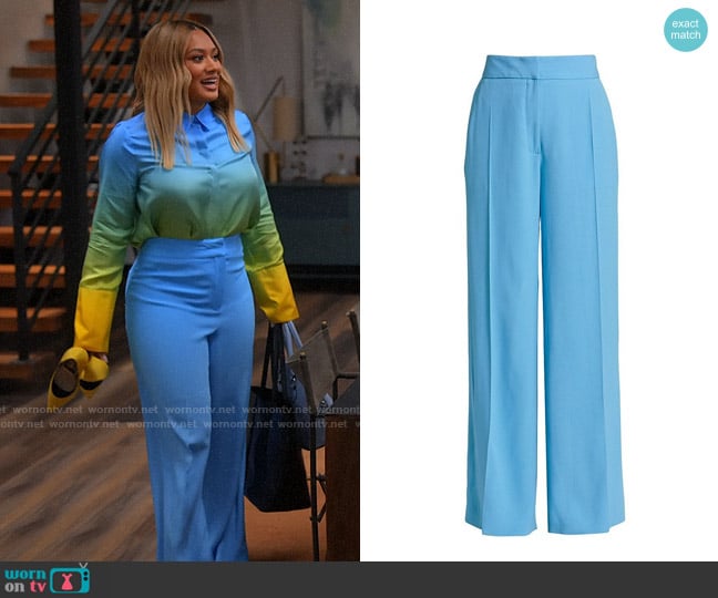 Oscar de la Renta Crepe Wide-Leg Pants in Maya Blue worn by Fatima (Crystal Hayslett) on Tyler Perrys Sistas
