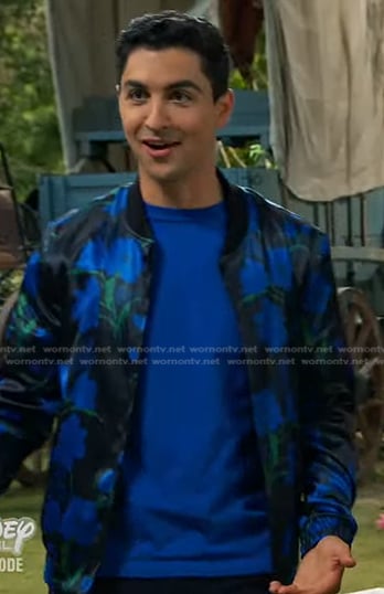 Parker’s black floral print bomber jacket on Bunkd
