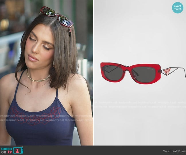 Prada Triangle Logo Rectangle Acetate & Metal Sunglasses worn by Sistine Stallone on The Family Stallone