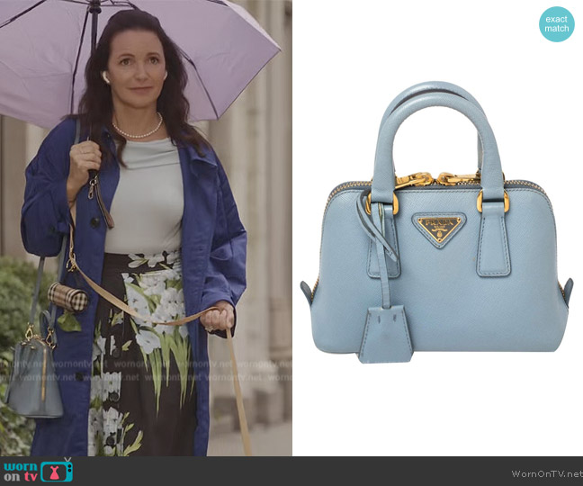 Prada Blue Saffiano Lux Leather Mini Promenade Crossbody Bag worn by Charlotte York (Kristin Davis) on And Just Like That