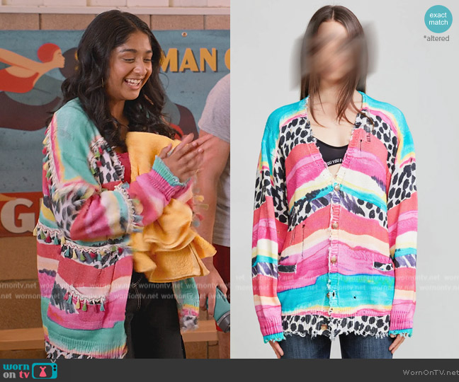 R13 Multi-print distressed cardigan worn by Devi Vishwakumar (Maitreyi Ramakrishnan) on Never Have I Ever