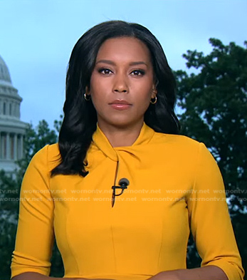 Rachel’s yellow twisted neckline dress on Good Morning America