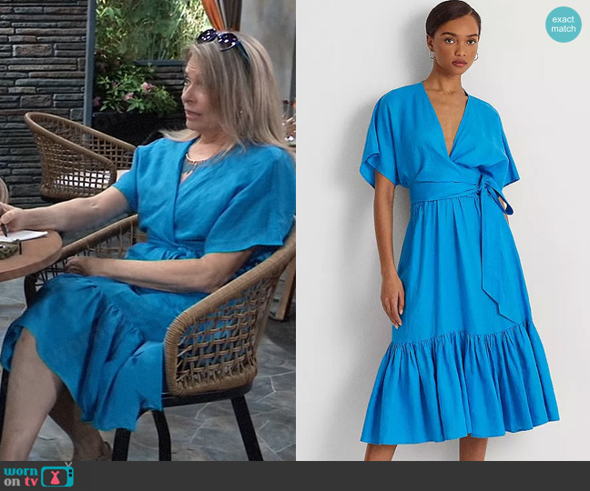 LAUREN Ralph Lauren Linen Wrap Style Midi Dress in Blaze Ocean worn by Gladys Corbin (Bonnie Burroughs) on General Hospital