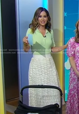 Rebecca’s green polo top and white floral skirt on Good Morning America