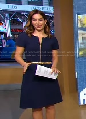 Rebecca’s blue dress with gold belt on Good Morning America
