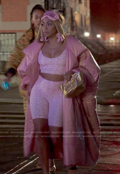 Renee’s pink Baby Phat set and long pink puffer coat on Run the World