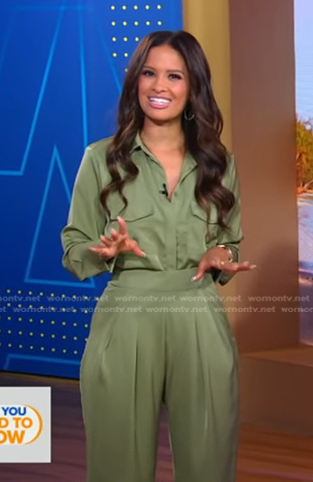 Rocsi Diaz’s green button down shirt and pants on Good Morning America