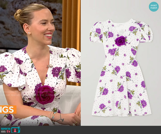 Rodarte Appliquéd printed silk crepe de chine mini dress worn by Scarlett Johansson on CBS Mornings