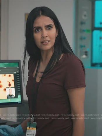 Saanvi’s burgundy v-neck tee on Manifest