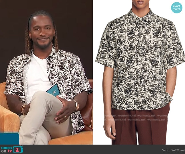Sandro Sea Urchin Short Sleeve Lyocell & Linen Button-Up Shirt worn by Scott Evans on Access Hollywood