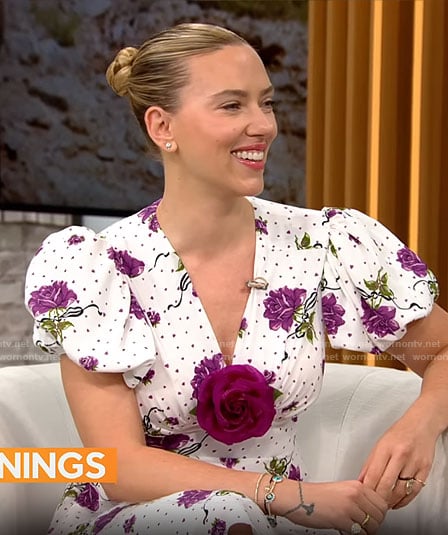 Scarlett Johansson’s purple floral dress on CBS Mornings